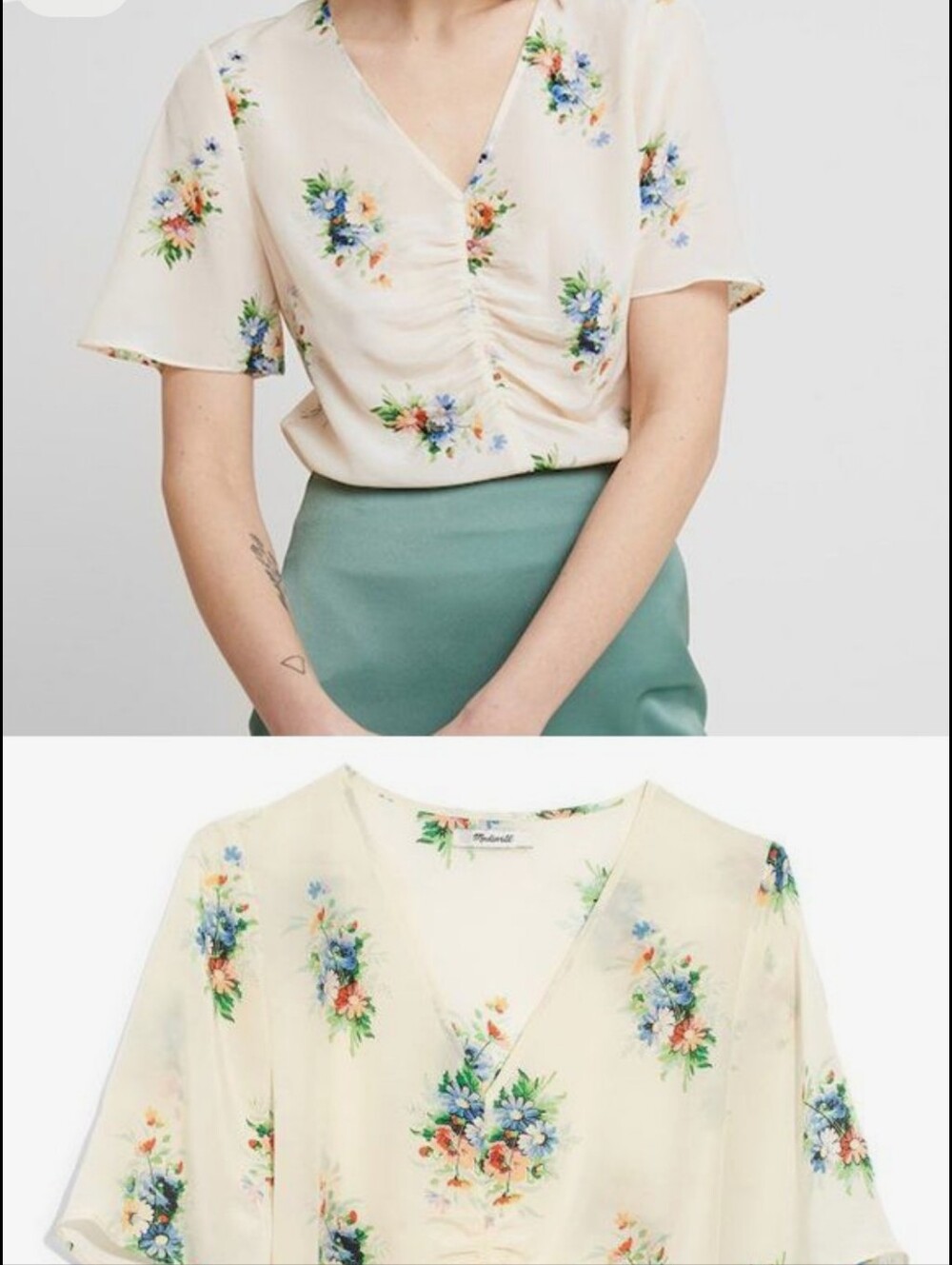 MADEWELL SILK Floral Ruched V-Neck Top in Cream